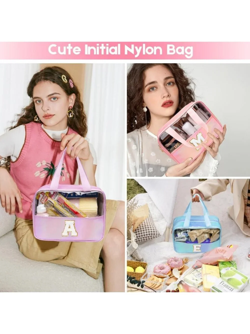 Personalized Pink Clear Makeup Bag | Cute Large Cosmetic Organizer for Travel